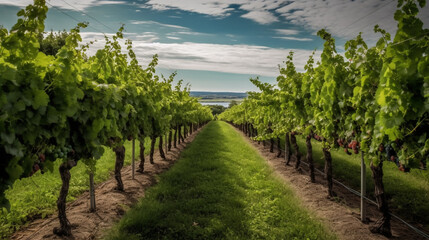 A vineyard with rows of lush green grapevines stretching into the distance Generative AI - obrazy, fototapety, plakaty