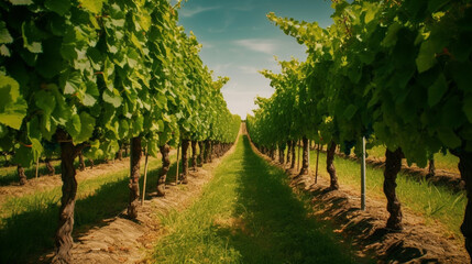 Fototapeta na wymiar A vineyard with rows of lush green grapevines stretching into the distance Generative AI