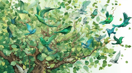 Fototapeta na wymiar A whimsical illustration of green leaves transforming into birds and taking flight Generative AI