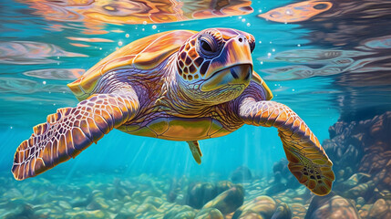 A detailed illustration of a green sea turtle gracefully swimming through crystal-clear waters Generative AI