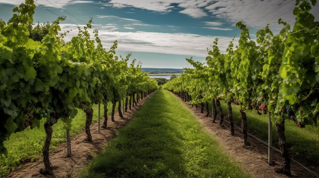 A vineyard with rows of lush green grapevines stretching into the distance Generative AI