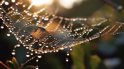 A cluster of water droplets on a spiderweb, shimmering in the morning light Generative AI