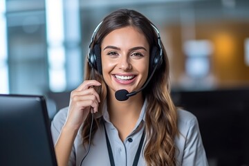 Call center, young woman and smile in contact us with CRM, headset with mic and mockup space. Customer service consultant, happy female and telemarketing with sales and help desk. Generative AI - obrazy, fototapety, plakaty