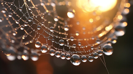 A macro shot of water droplets on a cobweb, illuminated by the soft light of dawn Generative AI