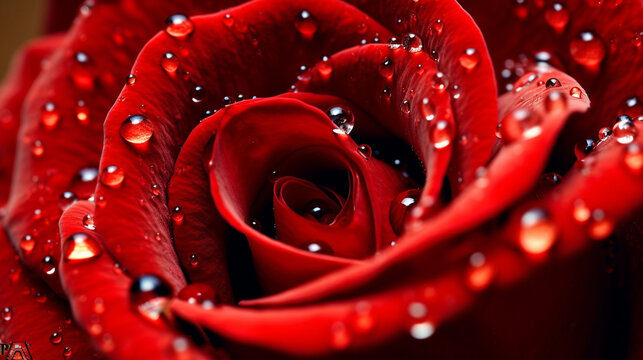 A macro view of water droplets clinging to the petals of a vibrant red rose Generative AI