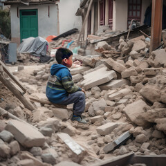 Heimatlose Kinder verzweifelt und einsam nach einem Bombeneinschlag nach der Katastrophe