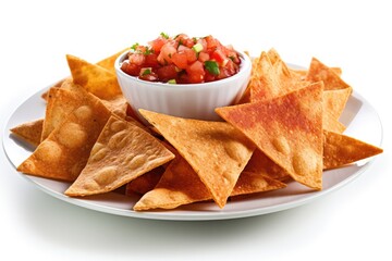 Delicious Plate of Chips and Salsa on a White Background. Generative AI - obrazy, fototapety, plakaty