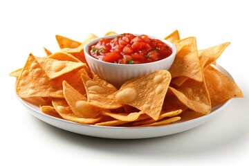 Delicious Plate of Chips and Salsa on a White Background. Generative AI - obrazy, fototapety, plakaty
