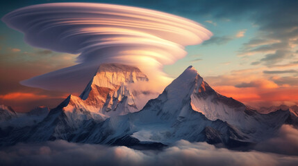 A breathtaking display of lenticular clouds forming above a mountain peak Generative AI