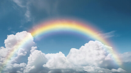 A rainbow arching across a sky filled with fluffy white cumulus clouds Generative AI