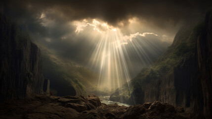 Sunbeams breaking through dark storm clouds, creating a stunning interplay of light and shadow Generative AI