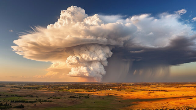 Massive cumulonimbus clouds casting shadows over a sprawling countryside Generative AI