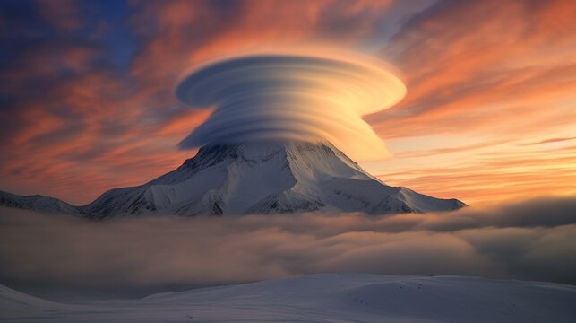 A breathtaking display of lenticular clouds forming above a mountain peak Generative AI