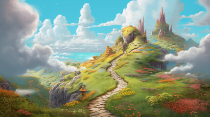 A whimsical scene of clouds forming a magical pathway leading to an unknown destination Generative AI