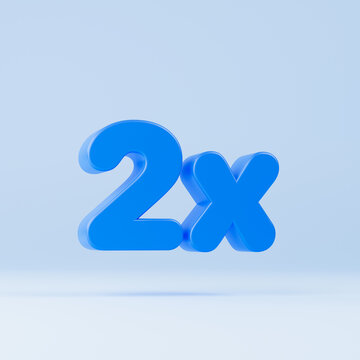 3D 2x blue symbol isolated solid background. 2x off on sale. Illustration for advertising. 3D rendering.