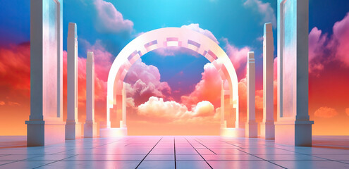 Surreal architecture scenery with arch and pastel gradient sky. Futuristic wallpaper background. Generative AI