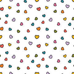 Cute hearts seamless pattern. Many multi colored chaotic and small hearts repeating texture on white background. Endless or unending pattern, vector illustration