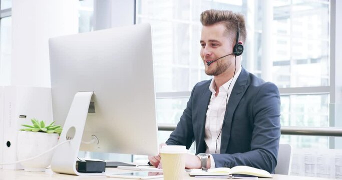 Call center, man and communication at computer for help, advice and customer service of technical support. Male telemarketing agent, desktop and crm consultant of telecom questions, advisory and talk