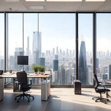 A corporate office, with a large window overlooking the city skyline
