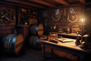 Pirate ship cabin. Ai art