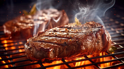 Beef steak sizzling on the grill flame, Generated AI