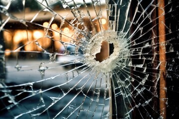 A broken window with shattered glass and signs of forced entry. Generative ai.

