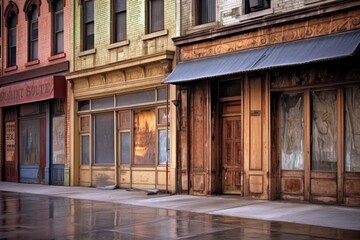 Empty storefronts and boarded-up shops along a once-thriving shopping street. Generative ai.