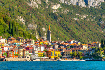 Early autumn view of the picturesque and colorful lakefront town of Varenna, Italy, on the shores of Lake Como in the Lombardy region of Northern Italy.	
