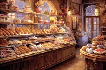 A charming bakery displaying a delightful assortment of pastries. Generative ai.