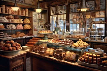 Tuinposter A charming bakery displaying a delightful assortment of pastries. Generative ai. © MADMAT