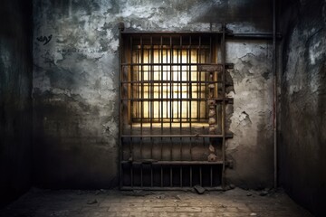 Fototapeta na wymiar A cold, iron-barred jail cell with a narrow, grated window. Generative ai.