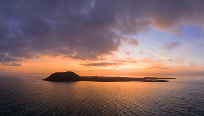 Beautiful moment before sunrise mid level aspect aerial panoramic image over the island of Lobos near Corralejo in Fuerteventura Canary Islands Spain