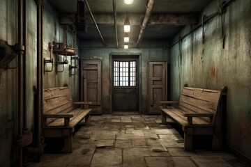 A holding cell with worn-out benches and a sense of anticipation hanging in the air. Generative ai.