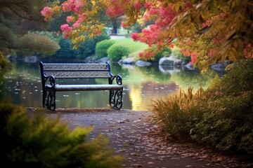 A serene park bench overlooking a shimmering pond, surrounded by colorful flowers in full bloom. Generative ai.