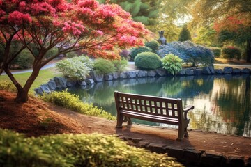 Fototapeta na wymiar A serene park bench overlooking a shimmering pond, surrounded by colorful flowers in full bloom. Generative ai.