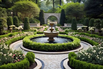 A well - manicured garden with colorful flower beds, winding pathways, and a tranquil fountain at its center. Generative ai.