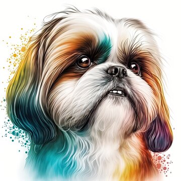 Portrait of very funny Shi Tzu dog magnificent picture colorful art. Generative AI AIG15.