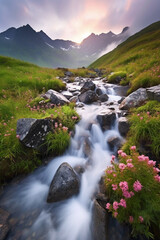 Cascade mountain range, large waterfall long exposure. AI generative