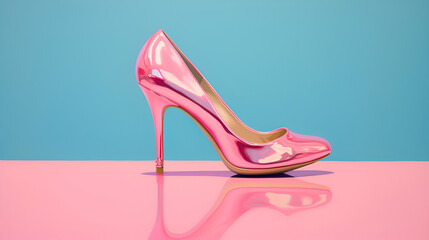 Shiny smooth pink high heel resting on top of a pink counter, with a solid blue background, Generative AI - obrazy, fototapety, plakaty
