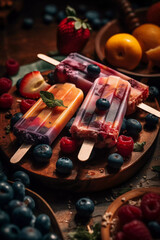 Ice Cream Popsicles with Fruit, Berries and ice, Summer dessert, frozen fruits, juice, Food, Delicious