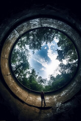 Looking up from inside a well at a small circle of sky, holy light. AI generative