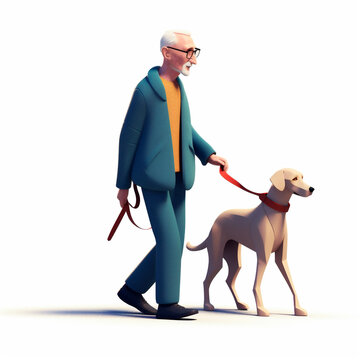 Cartoon 3D stylized illustration of elderly man walking with guide dog. AI generated