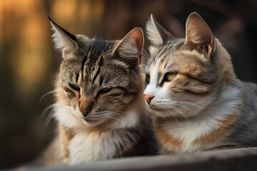 Naklejka na ściany i meble Two playful and affectionate cats with this stunning photo. The two adorable felines are captured in a moment of rest and relaxation, looking cozy and they play and groom each other, Generative AI
