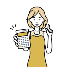 立って電卓を持ってこちらに向けて見せているドレスの女性