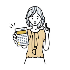 立って電卓を持ってこちらに向けて見せているオフィスカジュアルの女性