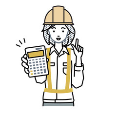 立って電卓を持ってこちらに向けて見せている工事現場の女性