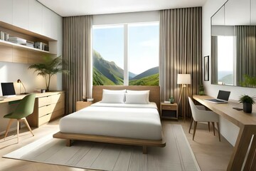 Fototapeta na wymiar Double bedroom, tropical-style interior design