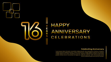 16 year anniversary logo design with a double line concept in gold color, logo vector template illustration