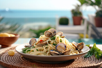 Spaghetti Vongole on a Plate with Summer Ocean Landscape in Background, Generative AI - obrazy, fototapety, plakaty