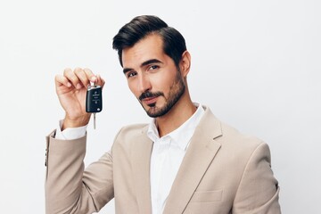 business man auto background smile car service key holding studio hand buy